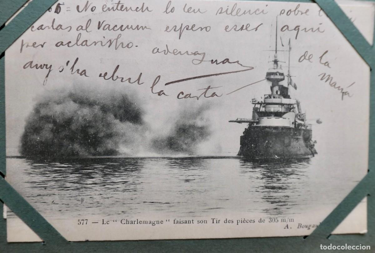 Postales: Postal acorazado franc&eacute;s Charlemagne plena acci&oacute;n, realizando un disparo con sus ca&ntilde;ones.