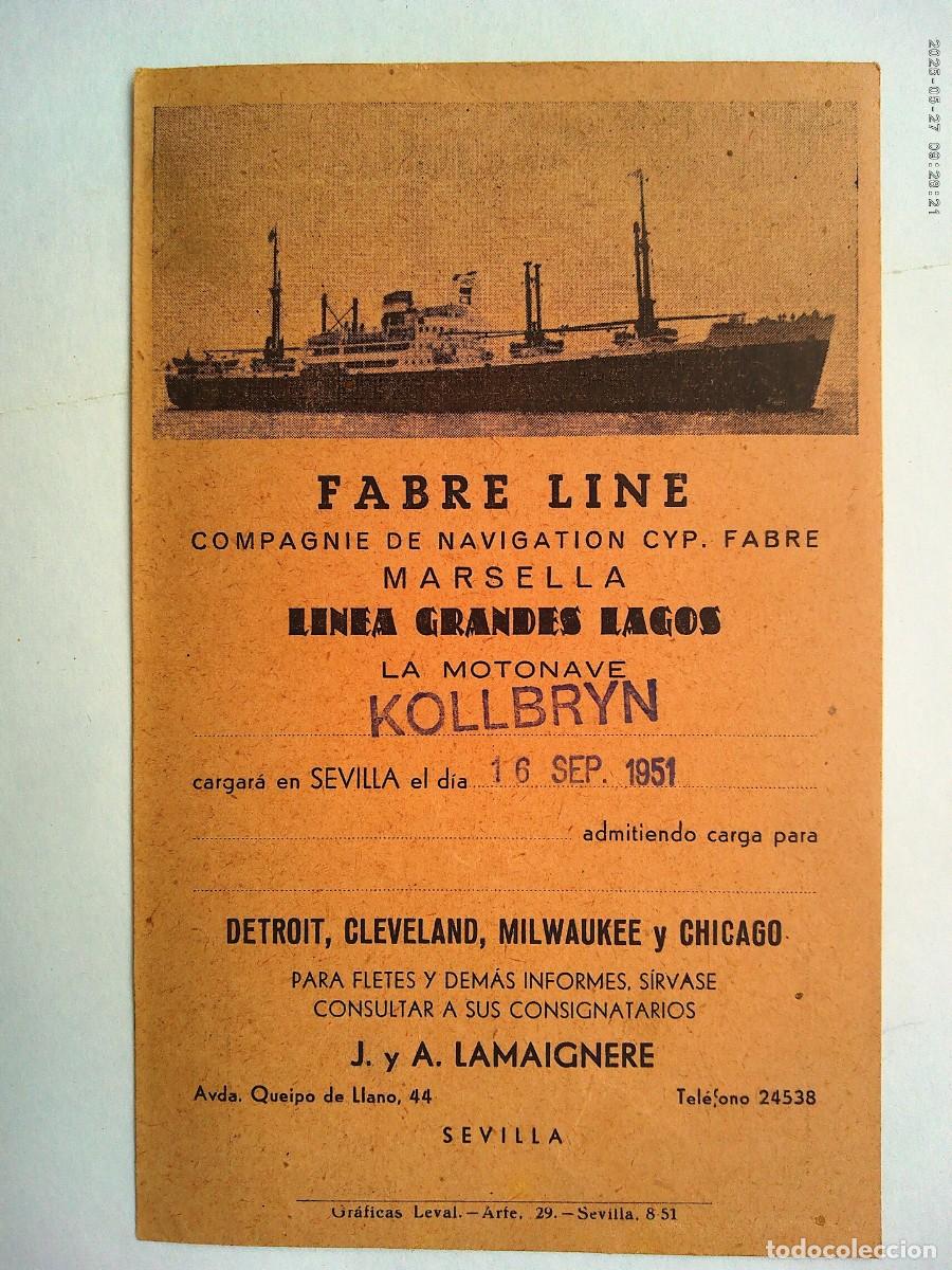 Postales: J. Y A. LAMAIGNERE , CONSIGNATORIOS: POSTAL MOTONAVE KOLLBRYN DE FABRE LINE . SEVILLA 1951