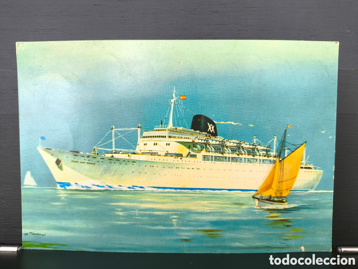 Postales: Postal ilustrada barco buque transatl&aacute;ntico Cabo San Roque compa&ntilde;&iacute;a Ybarra y C&iacute;a. Ilustrador Tonelli