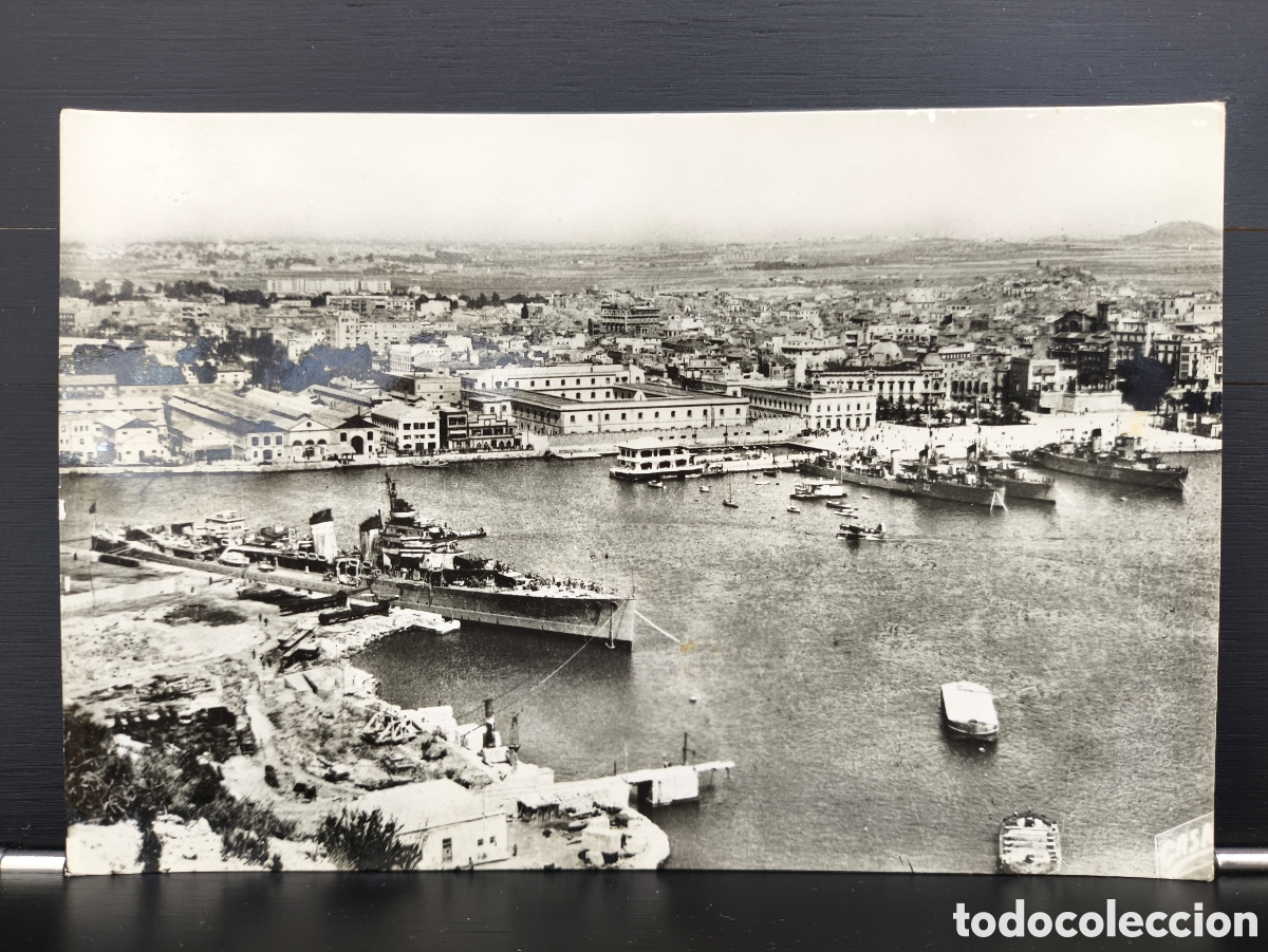 Postales: Antigua postal barco buque Crucero Miguel de Cervantes y vista puerto de Cartagena Murcia foto Casa&uacute;