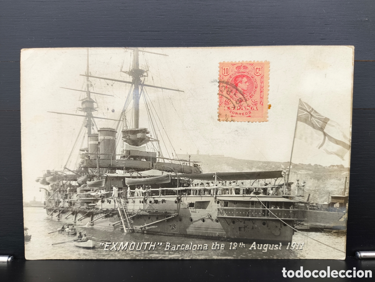 Postales: Antigua postal fotogr&aacute;fica barco buque Acorazado brit&aacute;nico HMS Exmouth Puerto de Barcelona 1911