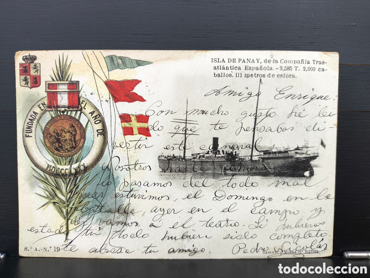 Postales: Antigua postal Sociedad Espa&ntilde;ola de Salvamento de N&aacute;ufragos Vapor Correo Isla de Panay 1906