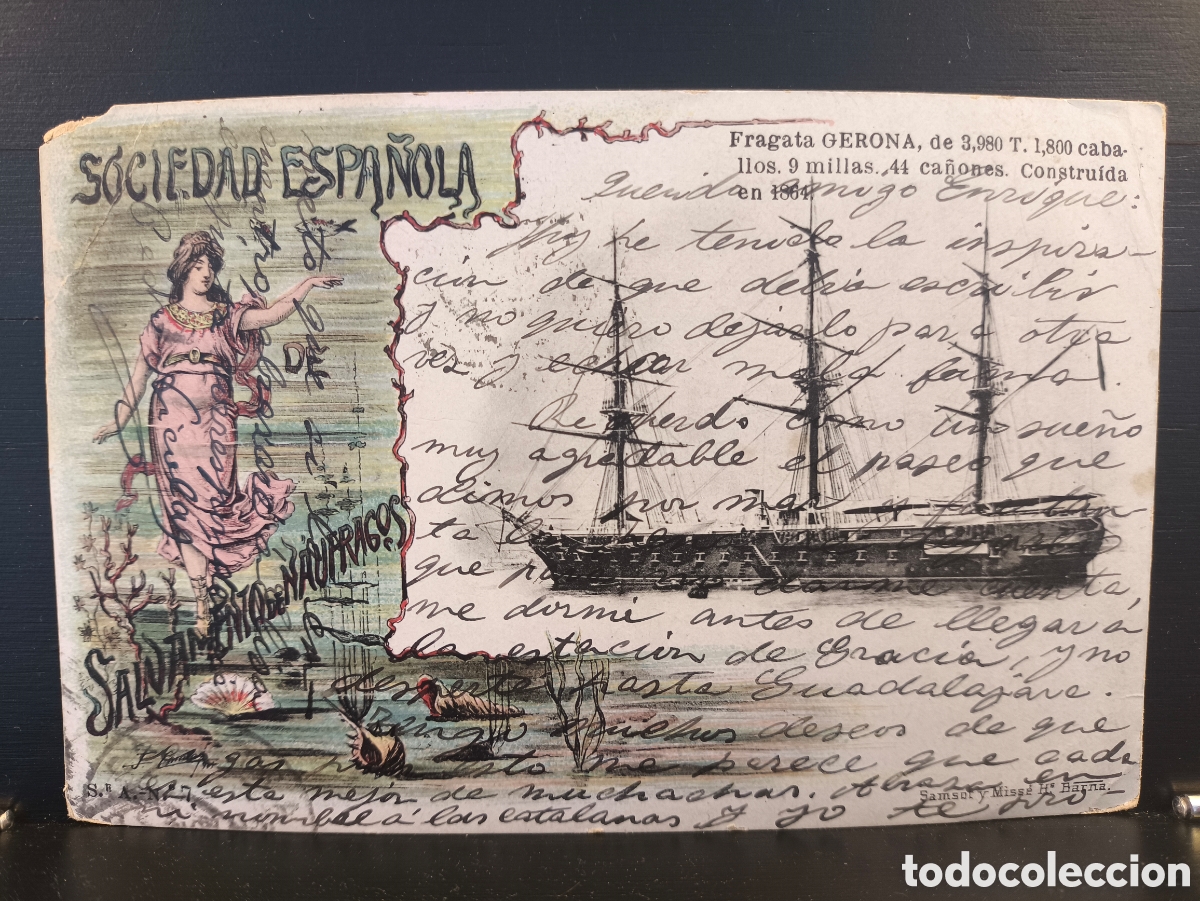 Postales: Antigua postal Sociedad Espa&ntilde;ola de Salvamento de N&aacute;ufragos Fragata Gerona 1905