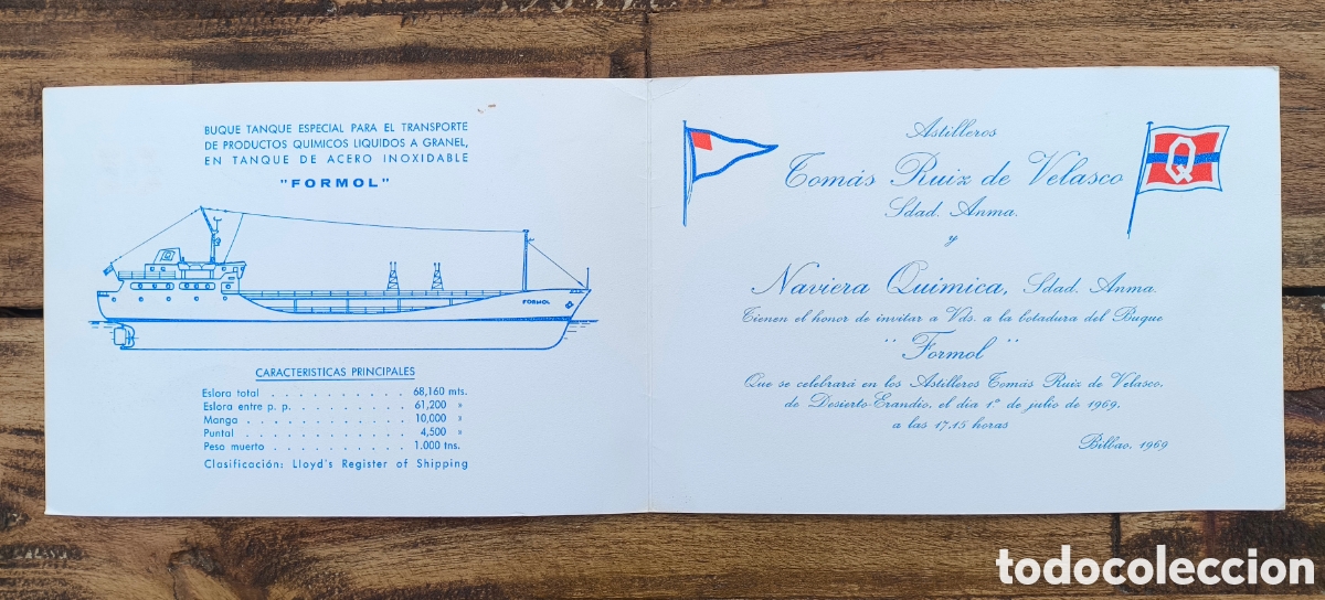 Postales: Tarjeta invitaci&oacute;n botadura barco buque tanque Formol Astilleros Tom&aacute;s Ruiz de Velasco Bilbao 1969