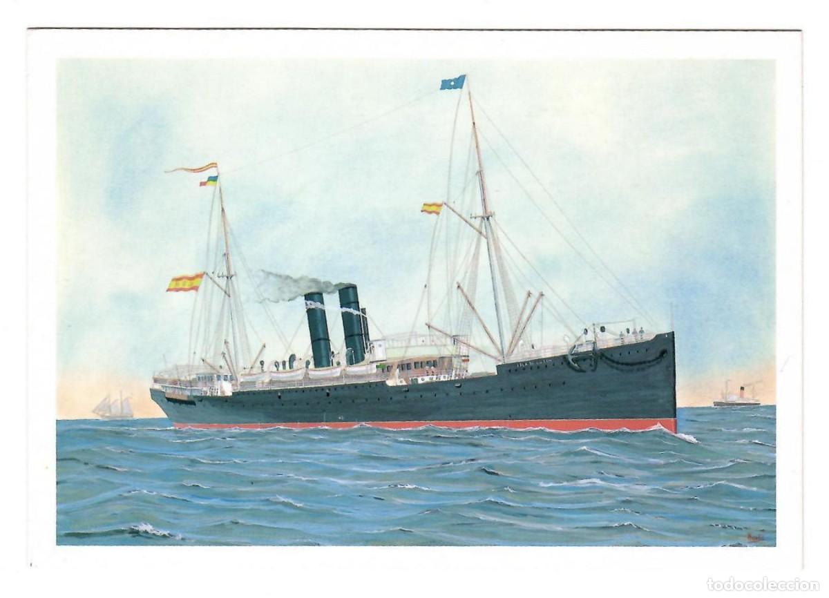 Postales: Buque ISLA DE LUZ&Oacute;N, de la Compa&ntilde;&iacute;a Trasatl&aacute;ntica Espa&ntilde;ola. Pintura de M. Mart&iacute; Barrionuevo.