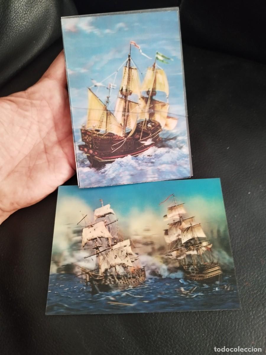 Postales: Dos antiguas tarjetas postales de barcos, calavera. En 3D. Una da&ntilde;ada.