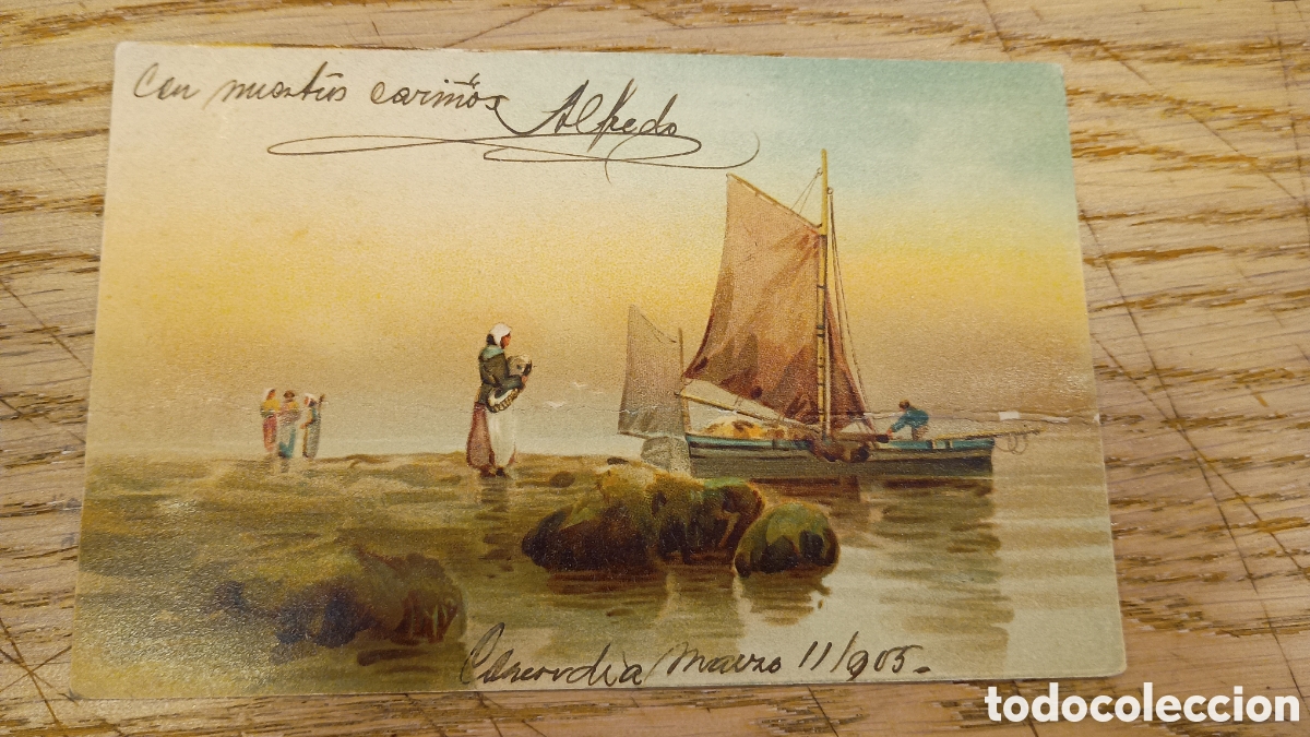 Postales: DIBUJO DE UN BARCO Y MUJERES EN LA ORILLA