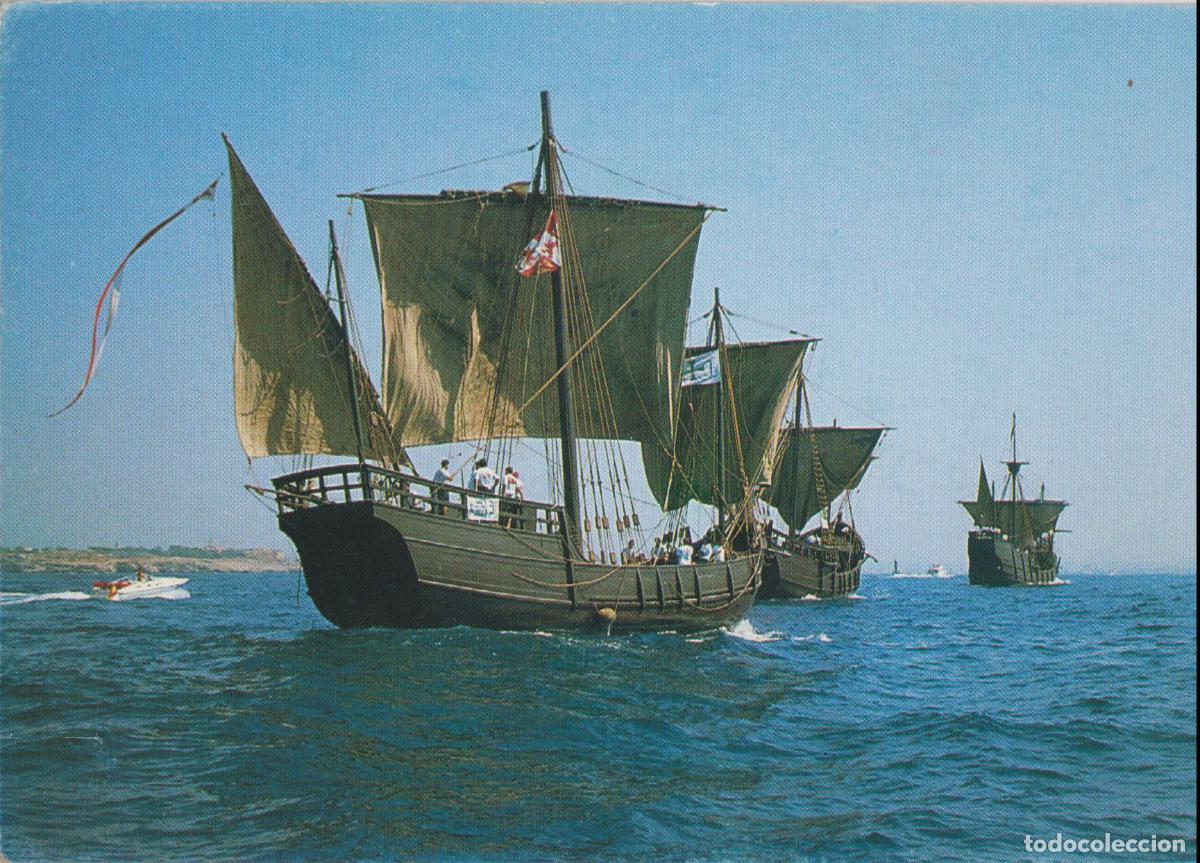 Postales: NAVES DEL DESCUBRIMIENTO, TRAVES&Iacute;A 1990, VISTA DIURNA EN EL MAR - S.E.V.CENTENARIO - S/C