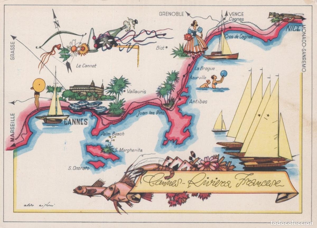 Postales: France Cannes French Riviera Illustrated Map Sailing Boats Unposted *YAM243