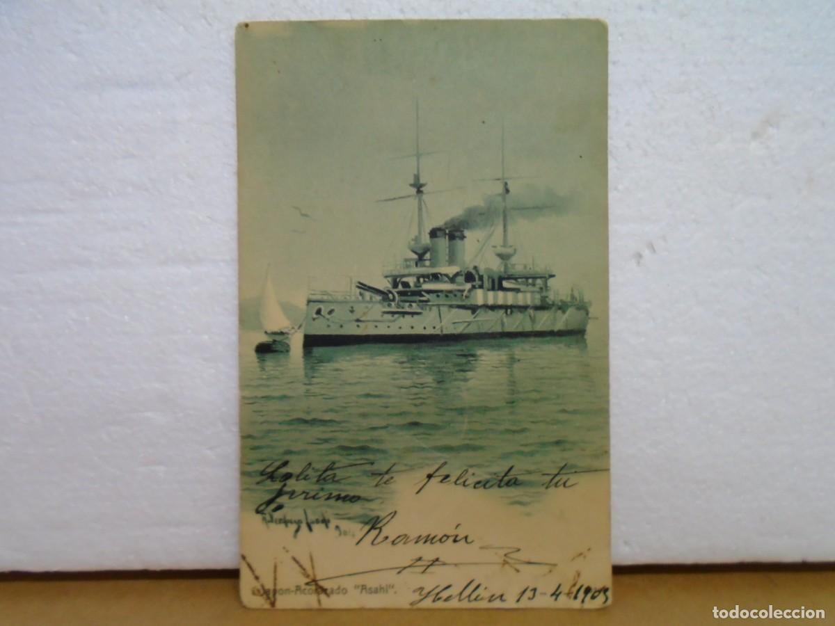 Postales: JAPON,ACORAZADO&rdquo;ASAHI&rdquo;POSTAL CIRCULADA HELLIN A CARTAGENA 13/4/1905.