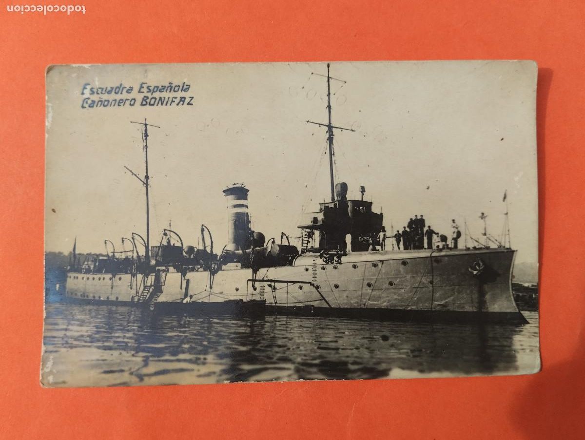 Postales: POSTAL FOTOGRAFICA ESCUADRA ESPA&Ntilde;OLA CA&Ntilde;ONERO BONIFAZ. BARCO..MILITAR