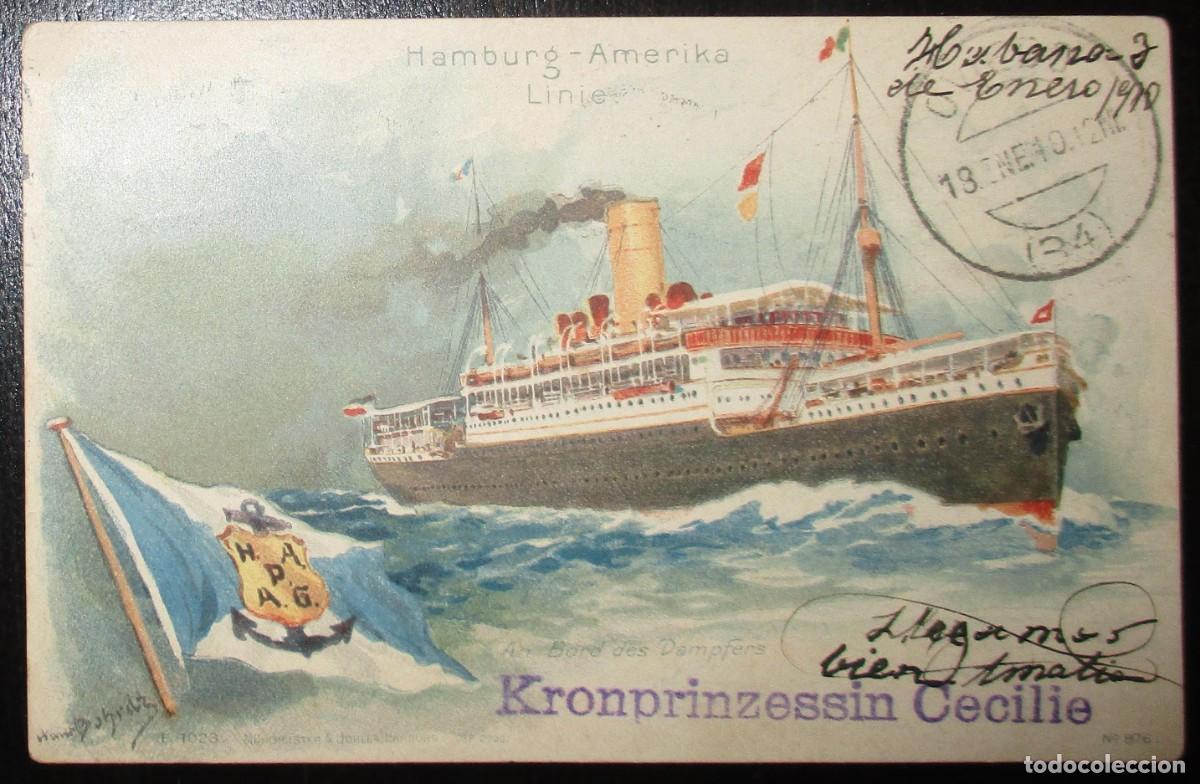 Cartoline: POSTAL DEL TRASATL&Aacute;NTICO KRONPRINZESSIN CECILIE. SELLADA EN LA HABANA EN 1910. SIN DIVIDIR.