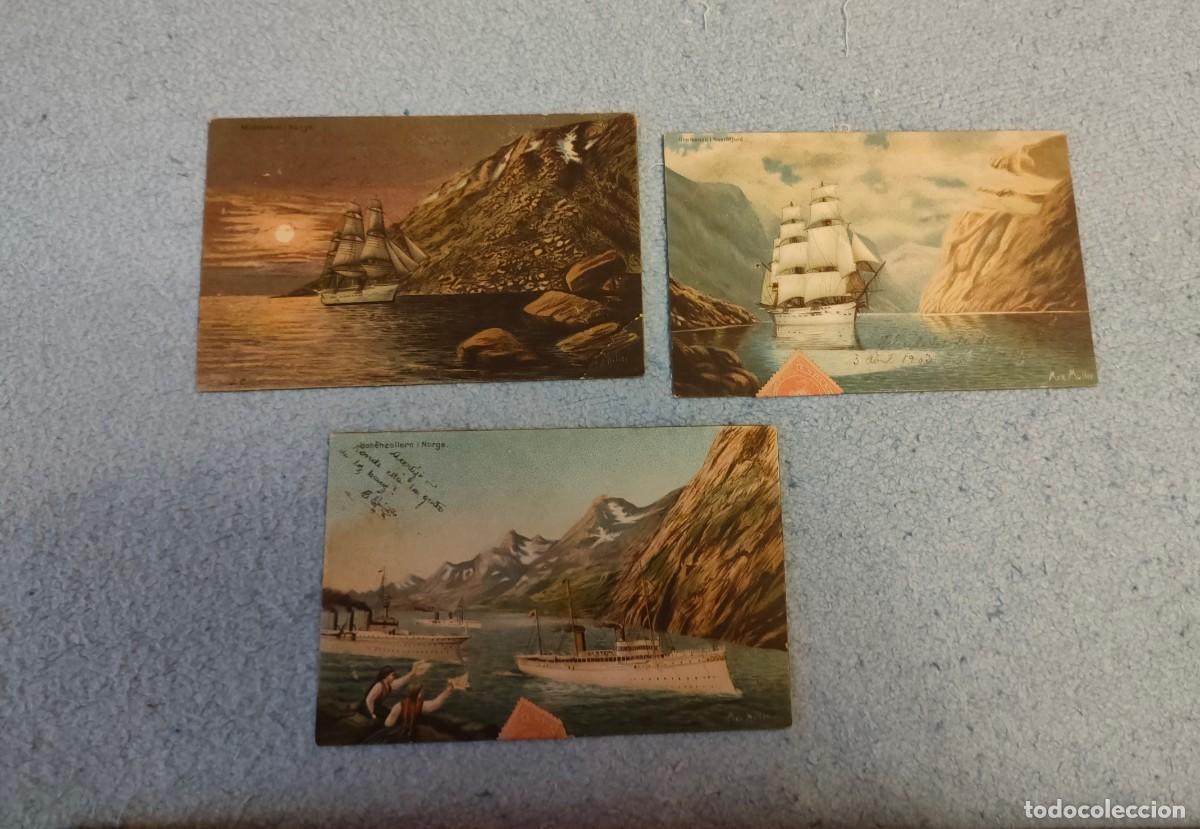 Cartoline: Tarjetas postales antiguas de nav&iacute;os emblem&aacute;ticos noruegos, dibujos de Max M&uuml;ller
