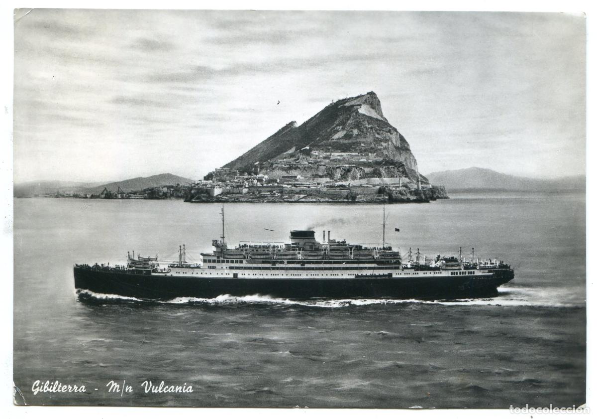 Postales: Trasatl&aacute;ntico motonave Vulcania, Italia societa di navigazione, Genova, circulada desde Gibraltar