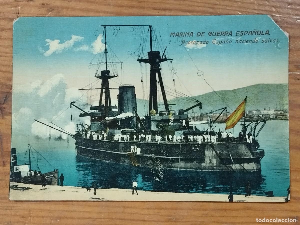Postales: Tarjeta Postal Antigua - Marina de Guerra Espa&ntilde;ola: Acorazado Espa&ntilde;a haciendo salvas (N&ordm; 1)
