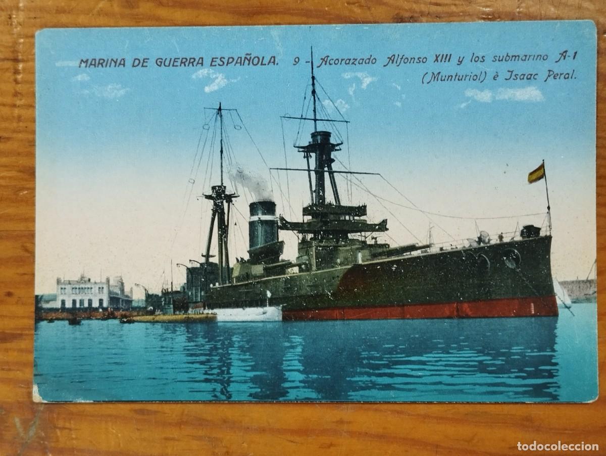 Postales: Tarjeta Postal Antigua - Marina de Guerra Espa&ntilde;ola: Acorazado Alfonso XIII y Sub. Monturiol (N&ordm;9)