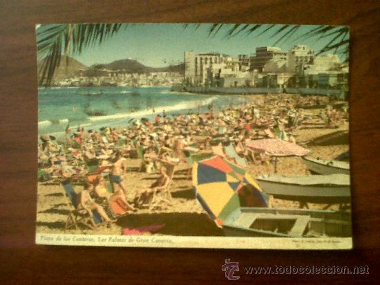 Postales: POSTAL PLAYA DE LAS CANTERAS,LA PALMAS DE GRAN CANARIA-BENITEZ HNOS.-UN D&Iacute;A  DE DICIEMBRE-CIRCULADA