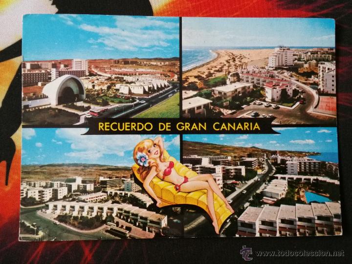Postales: POSTAL PLAYA DEL INGLES , GRAN CANARIA , CON CU&Ntilde;O EN REVERSO DE 1973