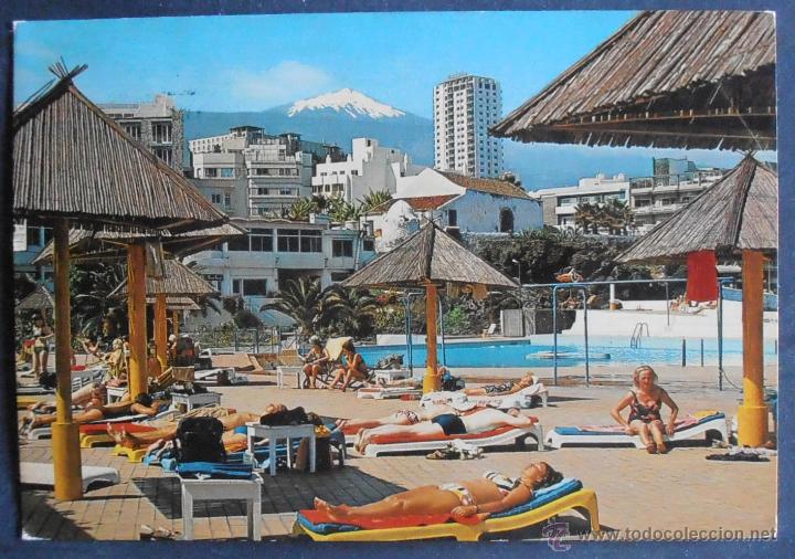 Postales: (32044)POSTAL ESCRITA,PISCINAS SANTELMO; AL FONDO SE APRECIA EL TEIDE,SANTA CRUZ DE TENERIFE,SANTA C