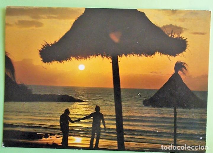 Postkarten: Playa de las Am&eacute;ricas. 12 Puesta de Sol en la Playa. Euroafricana de Canarias. Usada con sello. Colo