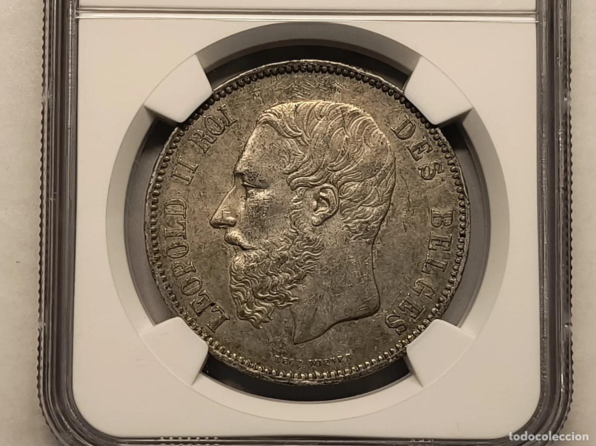 Postales: 5 Francos B&eacute;lgica 1868 &ndash; Leopoldo II &ndash; Small Head &ndash; NGC AU Details