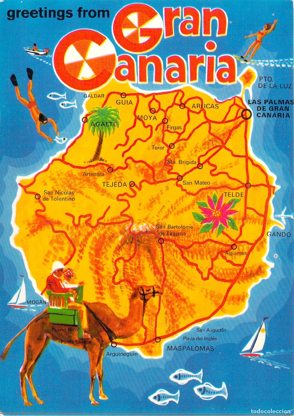 Postales: Postal Tur&iacute;stica de Gran Canaria con Mapa Ilustrado y Camello
