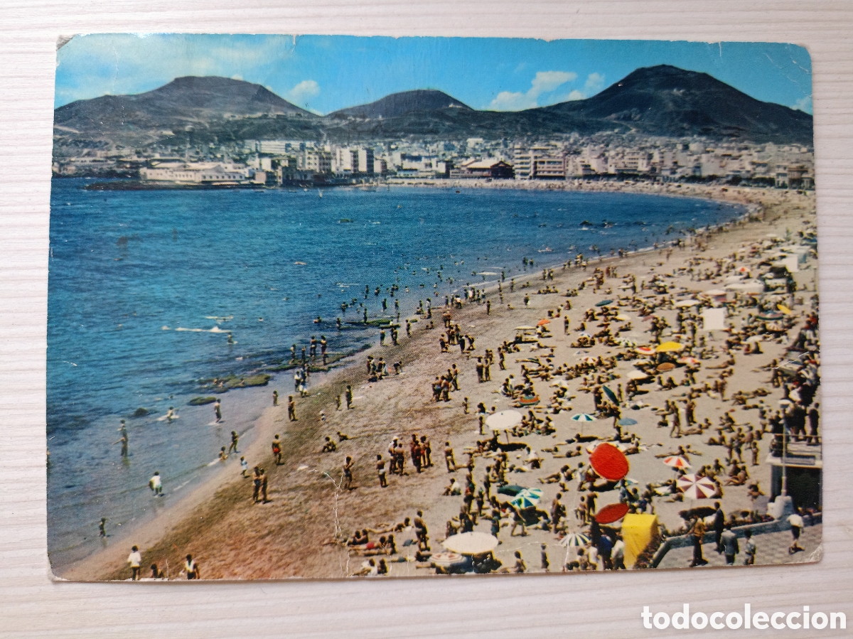 Postales: POSTAL DE GRAN CANARIA. A&Ntilde;OS 50. LAS PALMAS, PLAYA DE LAS CANTERAS vista general usada