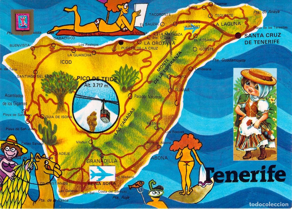 Postales: Postal con Mapa Ilustrado de la Isla de Tenerife y Pico del Teide
