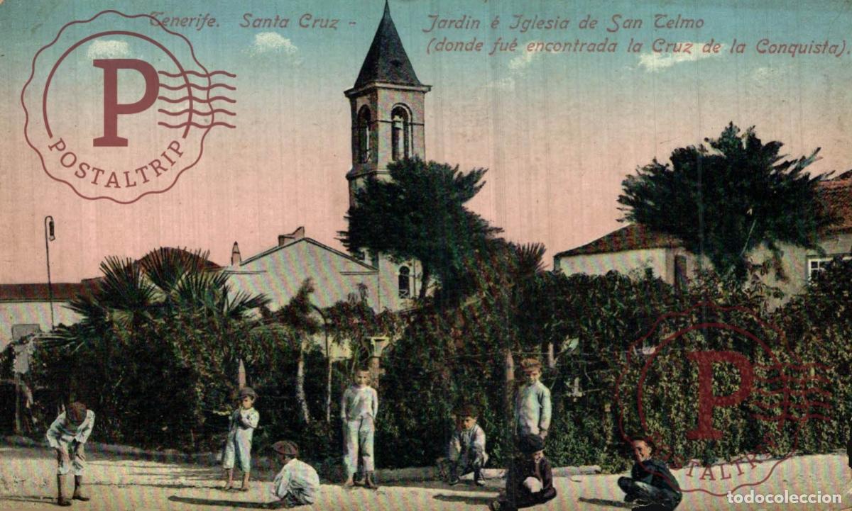 Postales: TENERIFE. SANTA CRUZ, JARDIN E IGLESIA DE SAN TELMO.