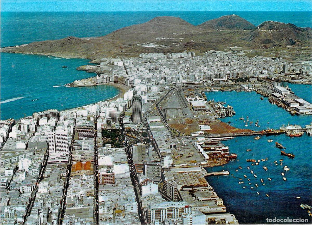 Postales: Postal de vista a&eacute;rea de la ciudad y el puerto de Las Palmas de Gran Canaria