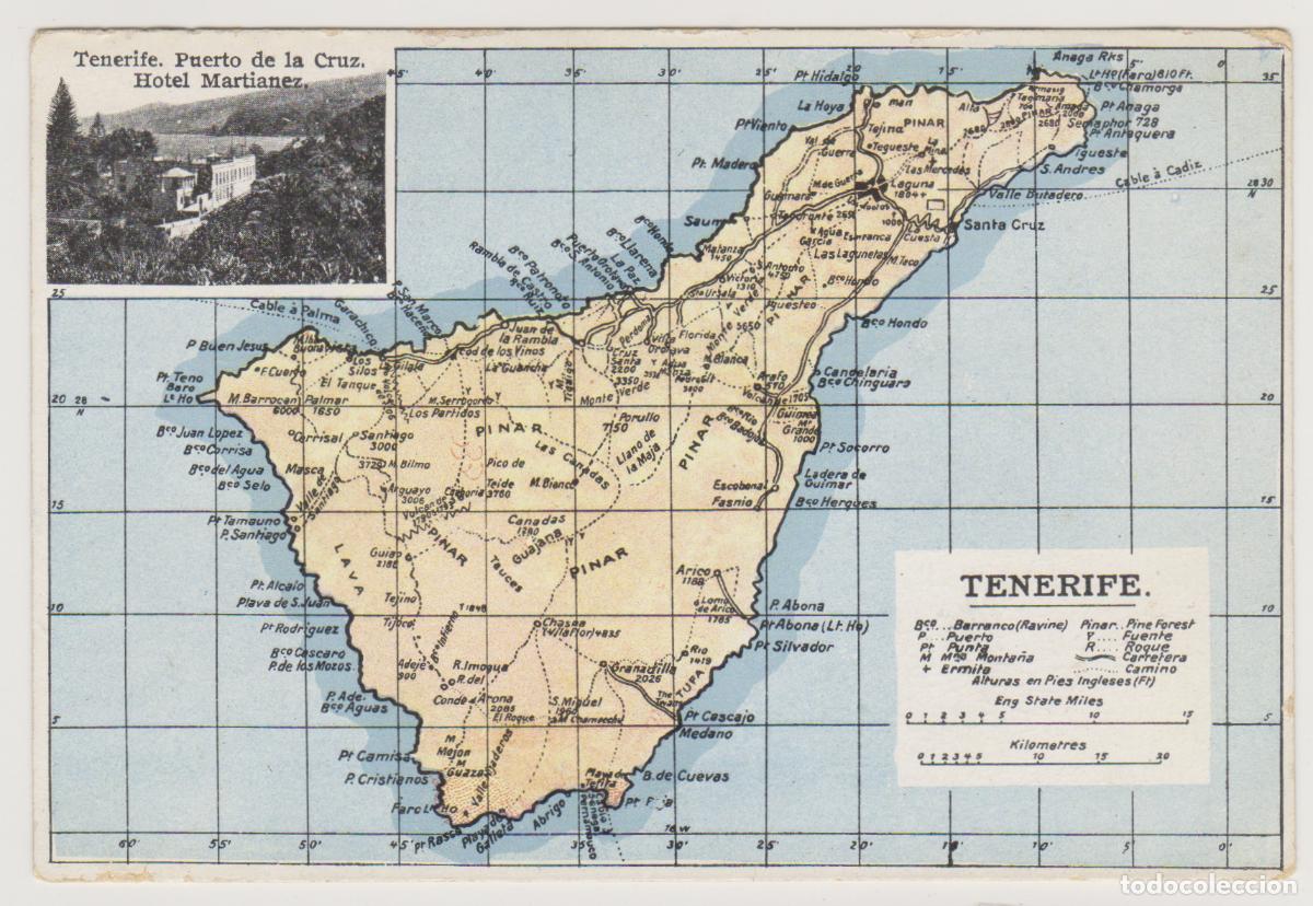Postales: TARJETA POSTAL - MAPA DE TENERIFE - PUERTO DE LA CRUZ - HOTEL MARTIANEZ