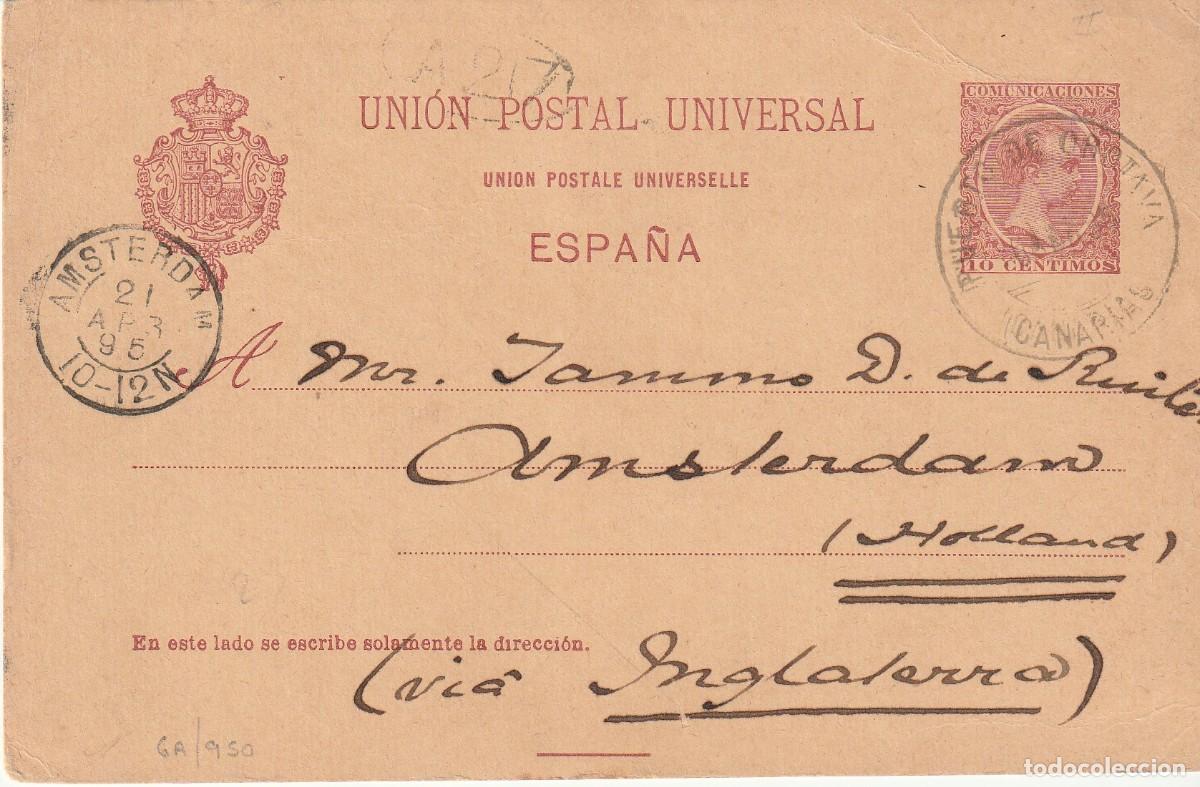 Postales: 1895. Puerto Orotava, Canarias a Holanda, V&iacute;a Inglaterra.