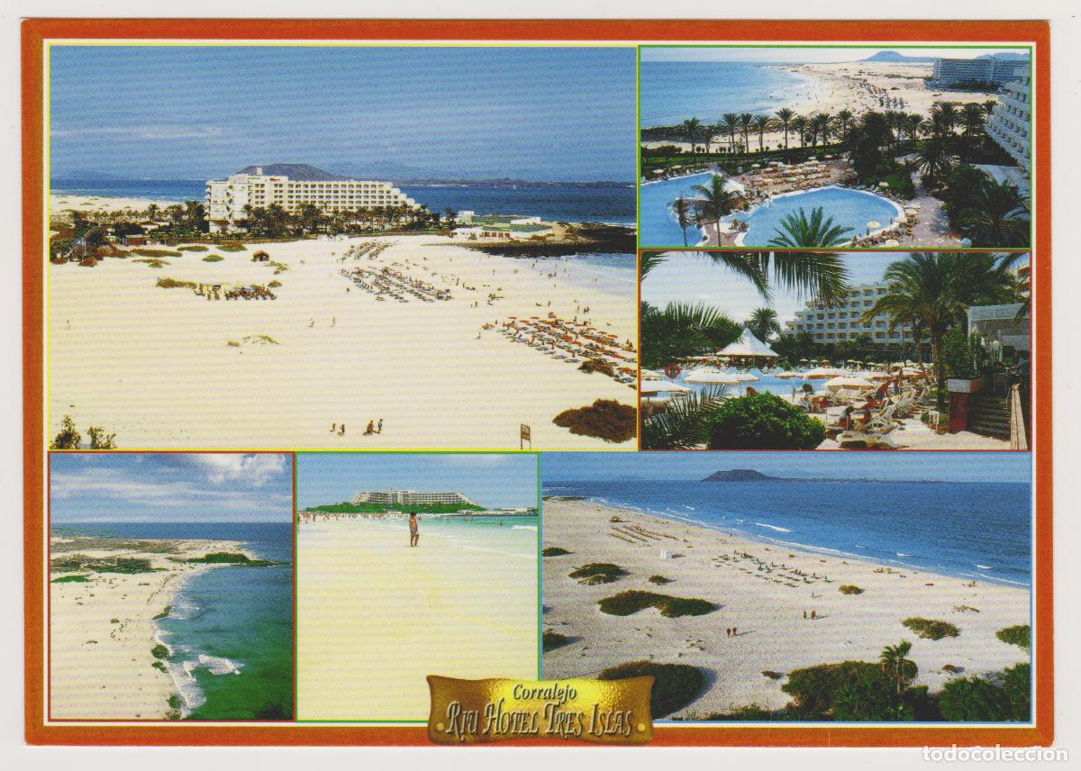 Postales: TARJETA POSTAL - FUERTEVENTURA - PLAYA DE CORRALEJO Y RIU HOTEL TRES ISLAS - SOFOTO S.L.