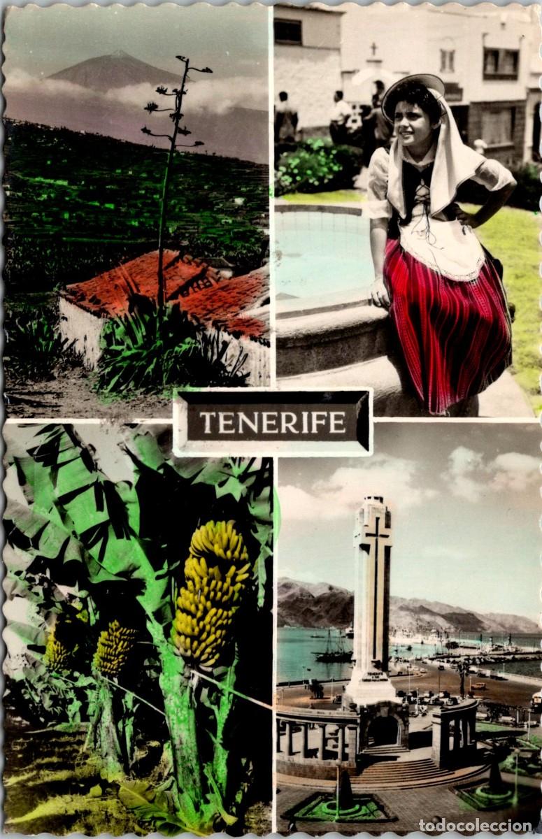 Postales: Tenerife -Paisaje T&iacute;pico-Belleza isle&ntilde;a con traje t&iacute;pico-Plataneras-Monumento a los Ca&iacute;dos-Coloreada