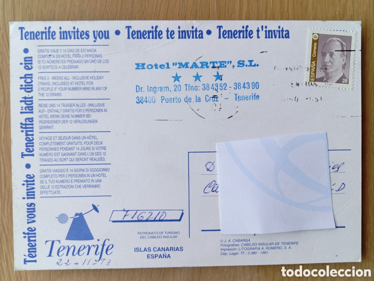 Postales: POSTAL TENERIFE TE INVITA MEMBRETE HOTEL MARTE MULTIVISTAS J.A. CABARGA TURISMO 1991 CIRCULADA