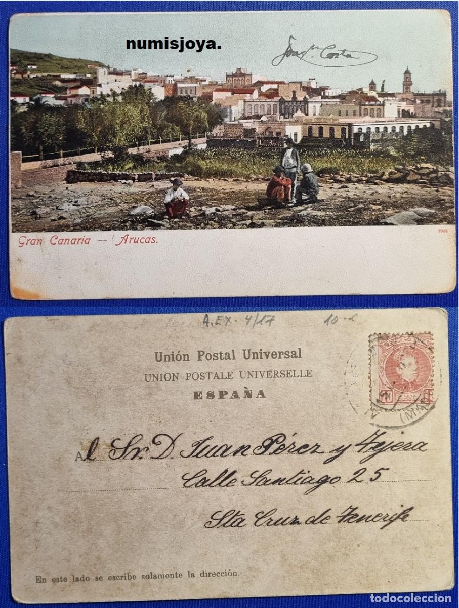 Postales: Postal MAPA Espa&ntilde;a a&ntilde;o 1900 de GRAN CANARIA. Uni&oacute;n Postal Universal. Escrita con sello de 10 CENT.