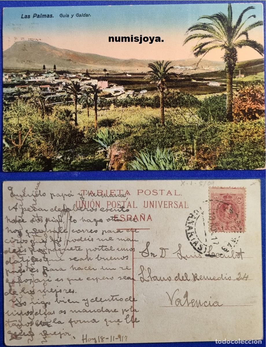 Postales: Postal GUIA y GALDAR Las Palmas Gran Canaria. Uni&oacute;n Postal Universal. Escrita con sello de 10 CENT.