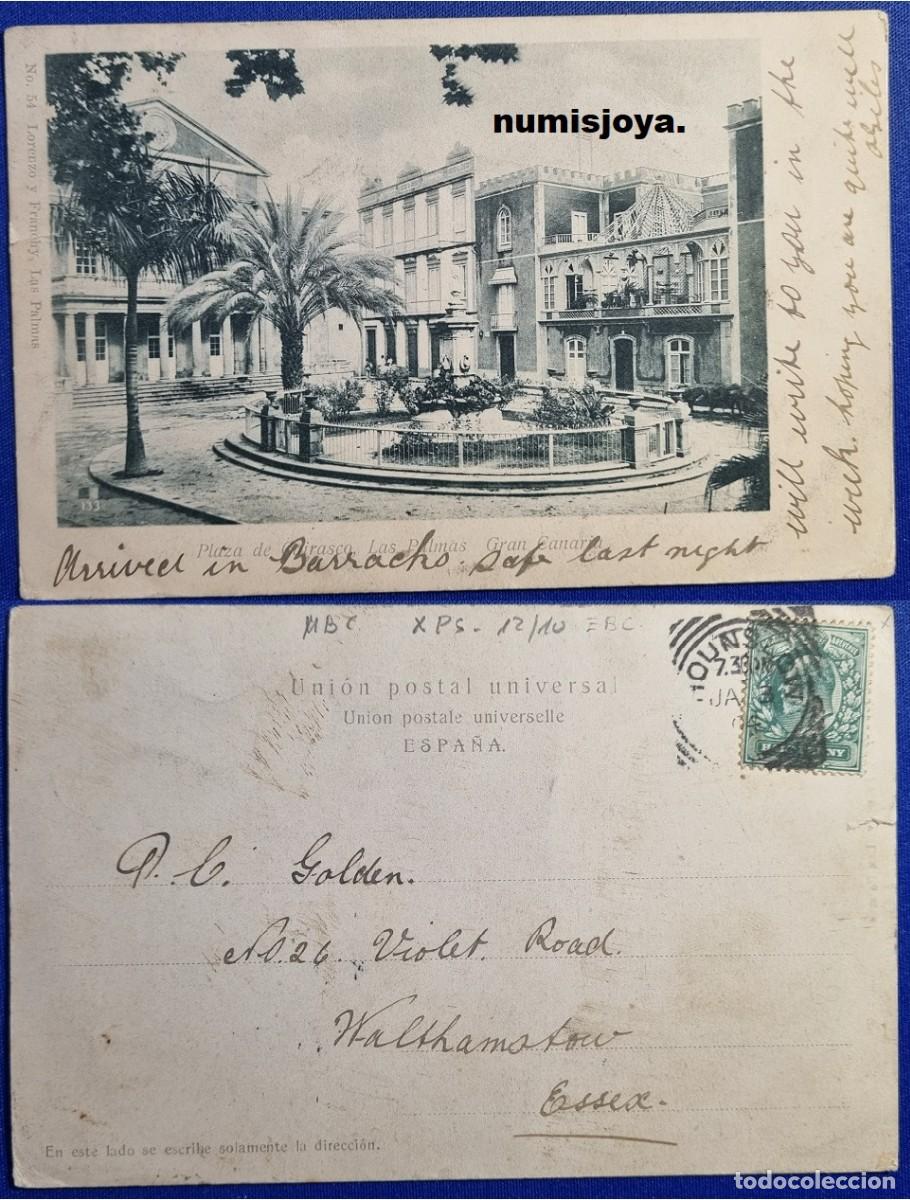 Postales: Postal Las Palmas (Espa&ntilde;a) a&ntilde;o 1900 Plaza del Cairasco. Uni&oacute;n Postal Universal. Escrita sello ingles