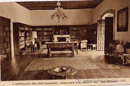 Postales: SANTILLANA DEL MAR(CANTABRIA).- PALACIO DE S.A. LA INFANTA D&ordf; PAZ-SAL&Oacute;N BIBLIOTECA