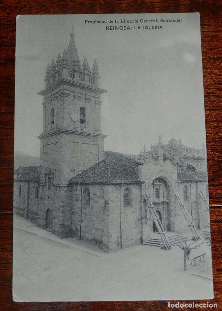 Postkarten: ANTIGUA POSTAL DE REINOSA (CANTABRIA) LA IGLESIA, LIBRERIA GENERAL, HAUSER Y MENET, SIN CIRCULAR