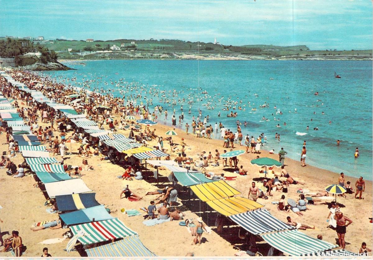 Postales: Postal de Santander: Primera Playa de El Sardinero y Sombrillas