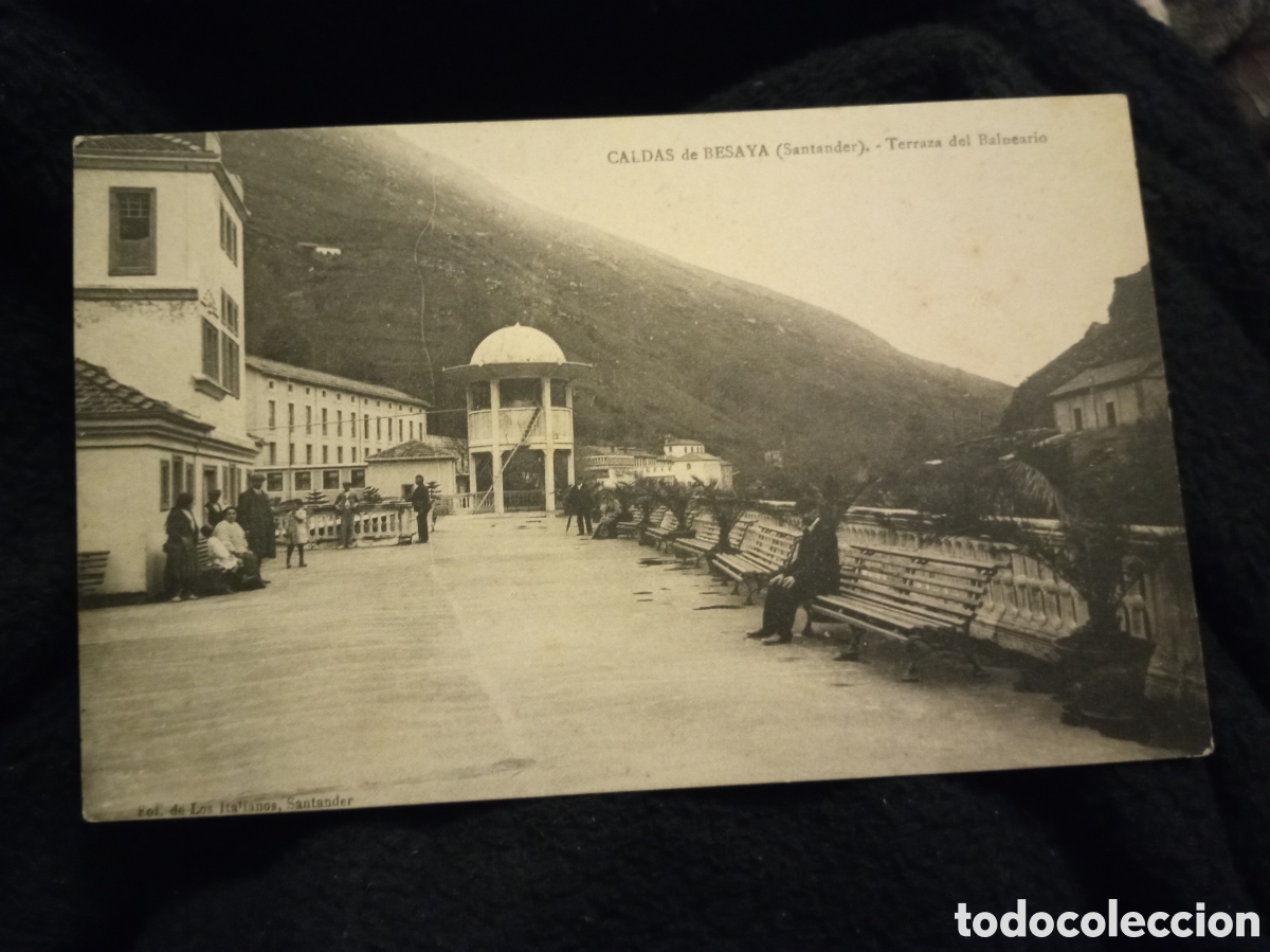 Postales: Antigua postal fotogr&aacute;fica, CALDAS de BESAYA, (Santander) Terraza del Balneario, Sellada y matasella