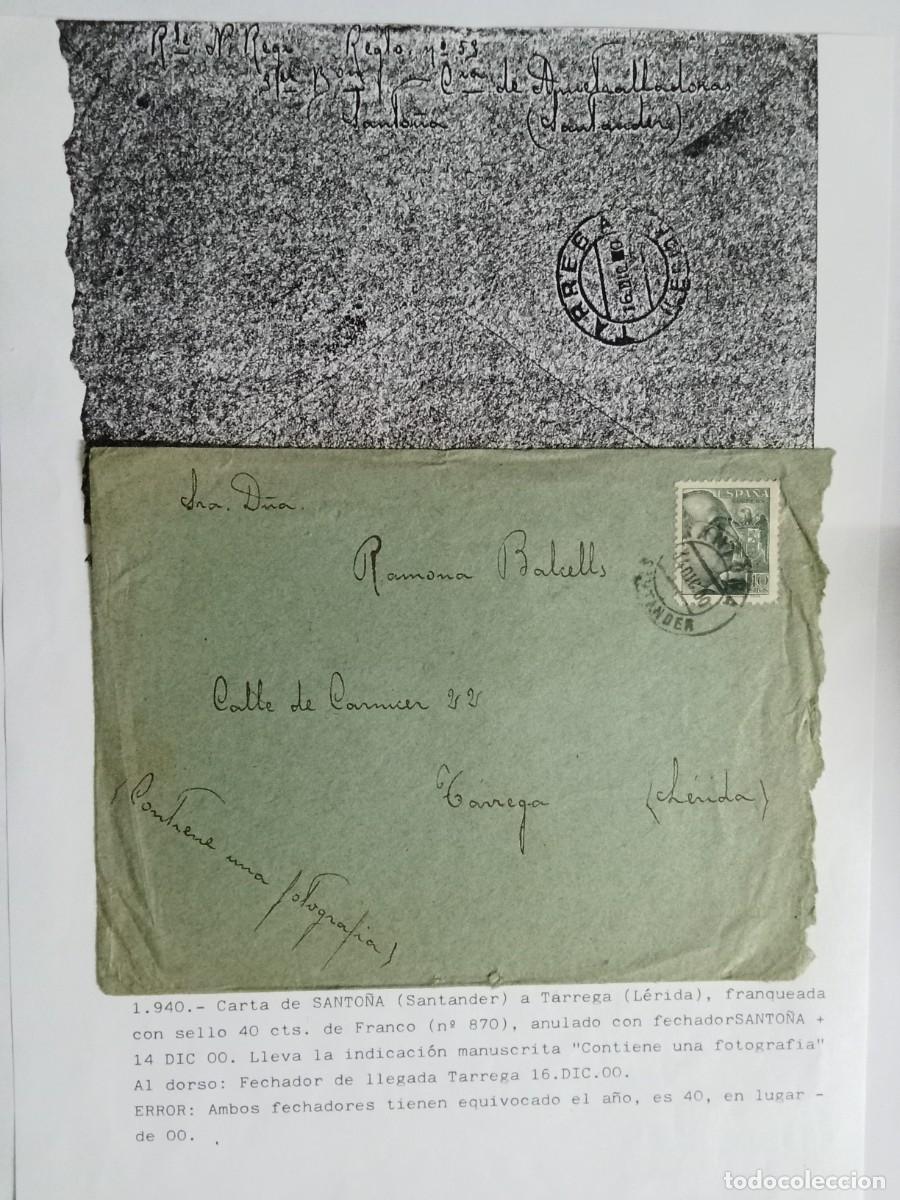 Postales: ESPA&Ntilde;A A&Ntilde;O 1940, CARTA DE SANTO&Ntilde;A (SANTANDER) A T&Aacute;RREGA (L&Eacute;RIDA), SEG&Uacute;N TEXTO.