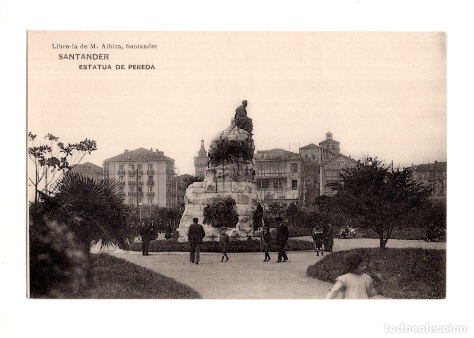 Postales: SANTANDER.(CANTABRIA).- ESTATUA MONUMENTO DE PEREDA. LIBRER&Iacute;A DE M. ALBIRA, SANTANDER.