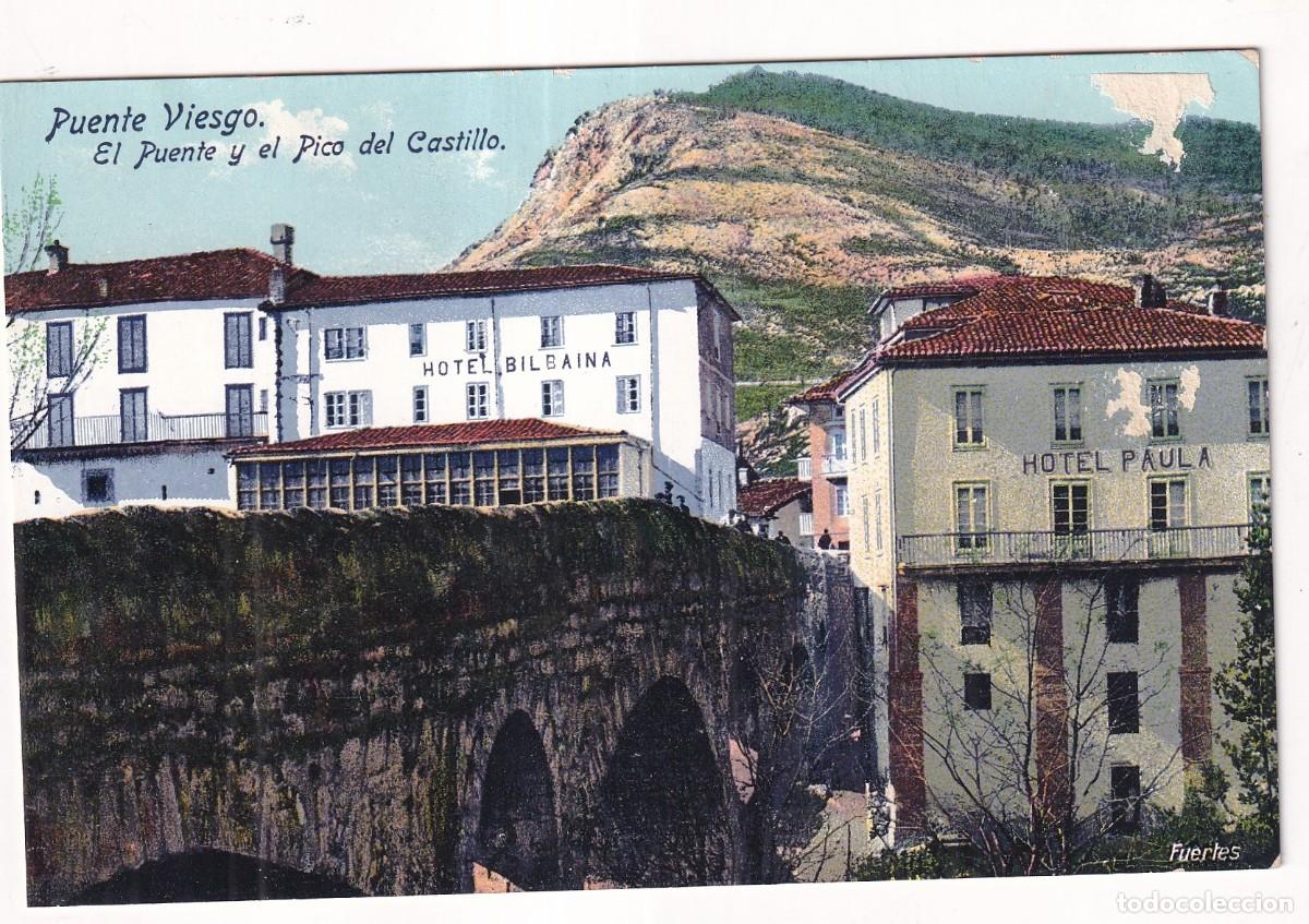 Postales: Puente Viesgo. El puente y el Pico del Castillo. Casa Fuertes. Sin circular