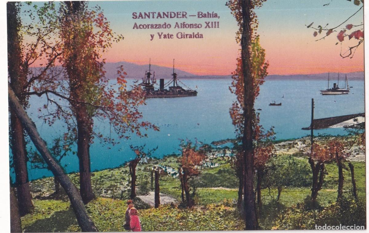 Postales: SANTANDER Acorazado Alfonso XIII y Yate Giralda Cromotipia Casta&ntilde;eira Alvarez y Levenfled