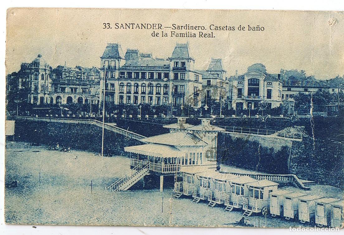 Postales: Playa del Sardinero y casetas de ba&ntilde;o de la familia Real, postal antigua de Santander 1930