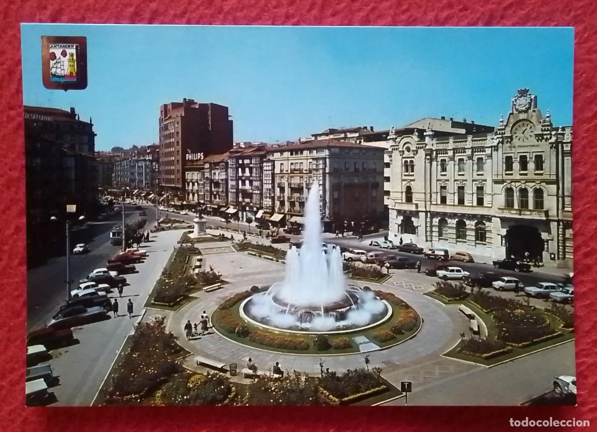 Postales: POSTAL POST CARD CANTABRIA SANTANDER PLAZA DEL GENERAL&Iacute;SIMO SQUARE PLACE..FUENTE..COCHES DE &Eacute;POCA...