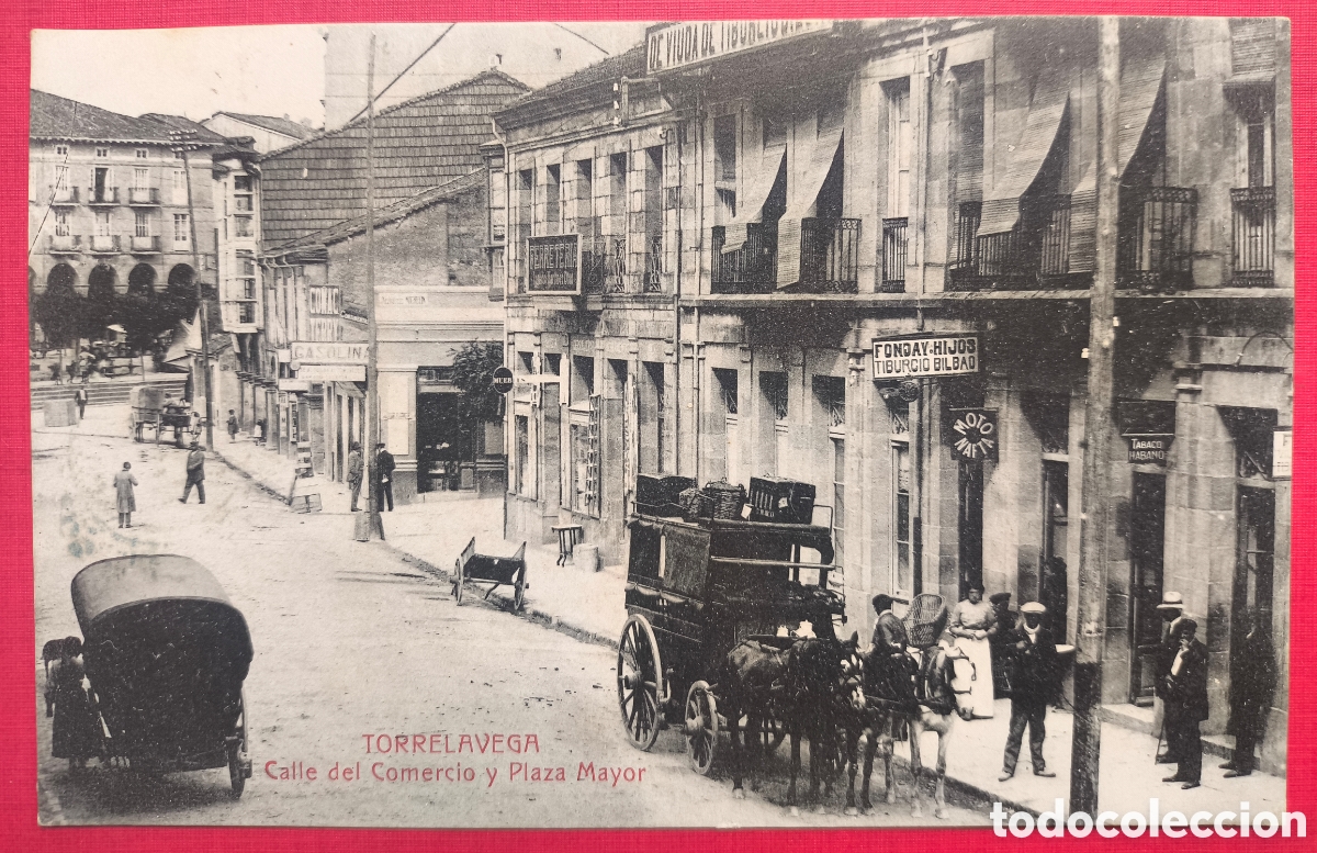 Postales: TORRELAVEGA CALLE COMERCIO Y PLAZA MAYOR POSTAL CIRCULADA CANTABRIA 1915