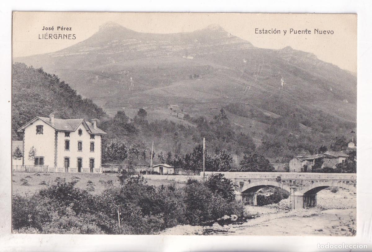 Postales: POSTAL. LI&Eacute;RGANES. ESTACI&Oacute;N Y PUENTE NUEVO. CANTABRIA. CIRCULADA EN 1913